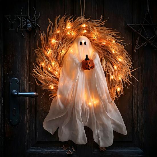 Halloween Night Tour Ambience 68cm Glowing Ghost Wreath Door Hanger, Light Up Spooky Battery Operated Garland with Pumpkin, Festive Home Ornament for