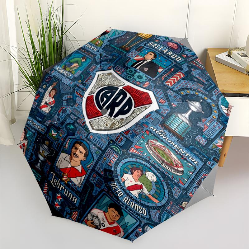 Club Atlético River Plate Print Automatic Umbrella, 8 Rib Iron Frame, Plastic Handle, Suitable for Outdoor Travel &Daily , Ideal Gift