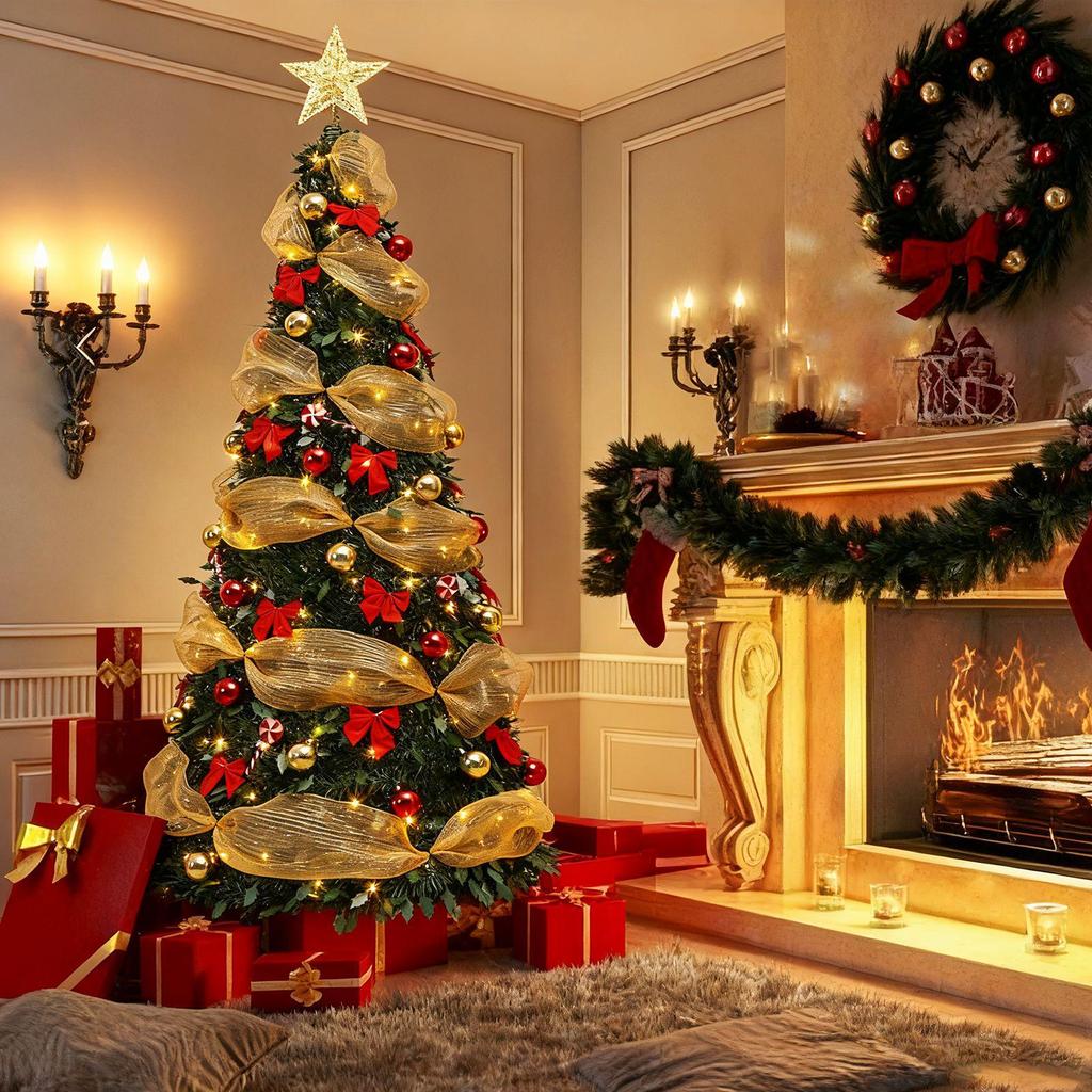 Foldable Flocking Christmas Tree with Lights for Home and Venue Décor