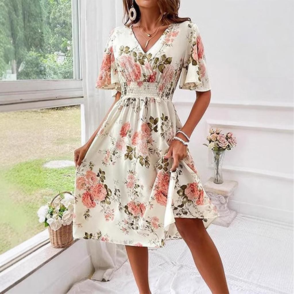 A Summer V-neck Short-sleeved Casual Floral Print Dress For Women