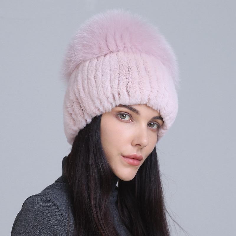 New fur hat Rex rabbit hat thickened versatile fox hair mushroom hat women's winter warm hat