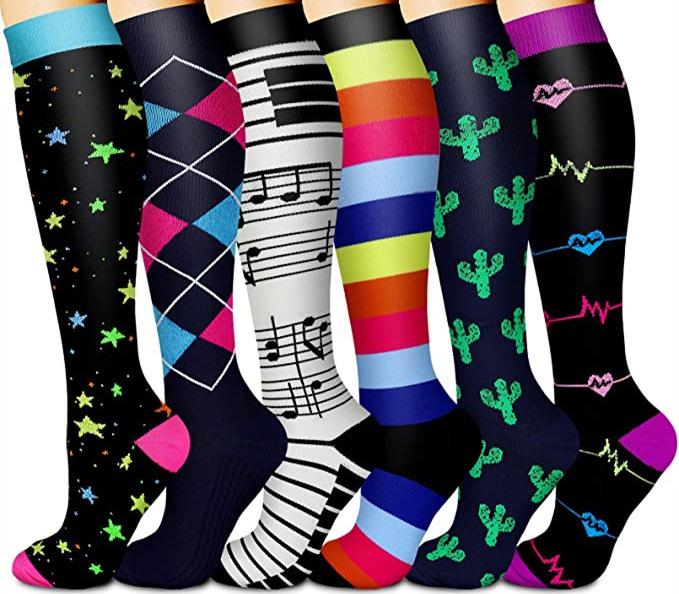6-Pack Patterned Sports Compression Calf Socks for Running