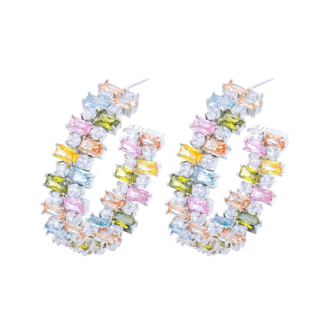 

Серьги-кольца C цвета иглы тяжелой промышленности, темпераментные, конфетные, квадратные цирконы, нерегулярные цветные бриллианты для лица