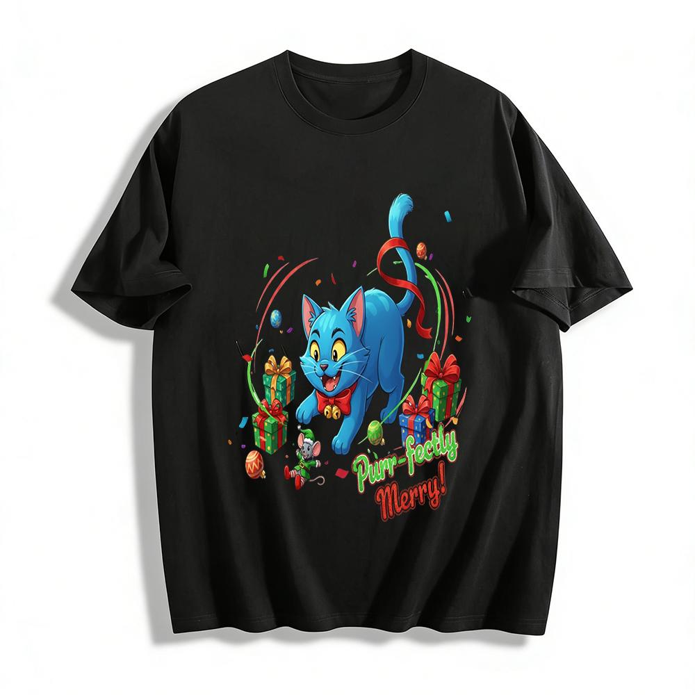 Purr-fectly Merry Christmas Blue Cat Mouse Print Top Holiday Casual Crewneck T-Shirt Pure cotton T-shirt XXS