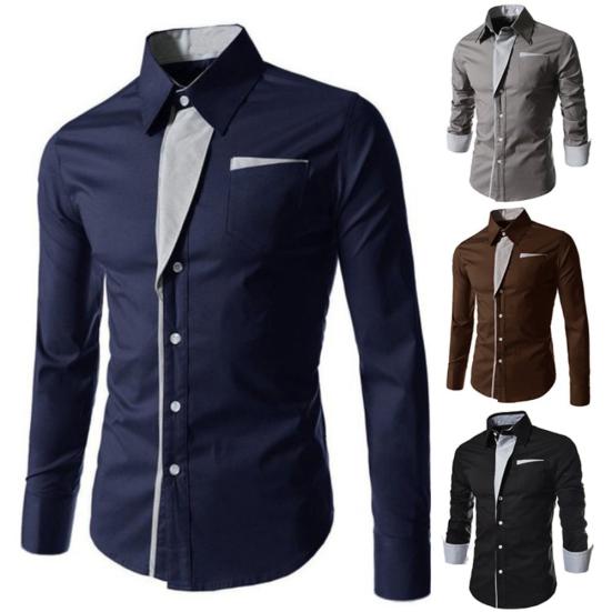 Fashion Men Stand Collar Long Sleeve Color Block Button Up Shirt Slim Fit Top