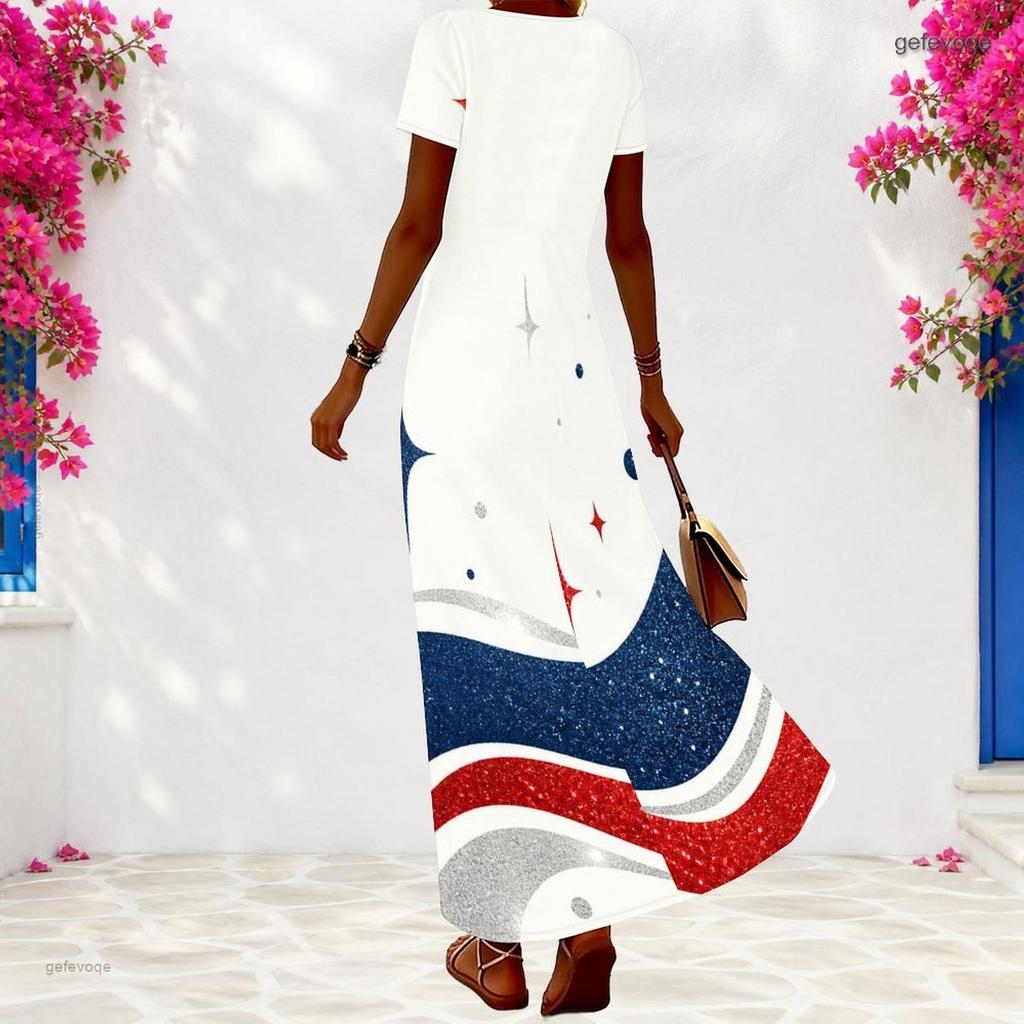 Women Plus Size V Neck Short Sleeve Maxi Dress Star Printed Red White Blue