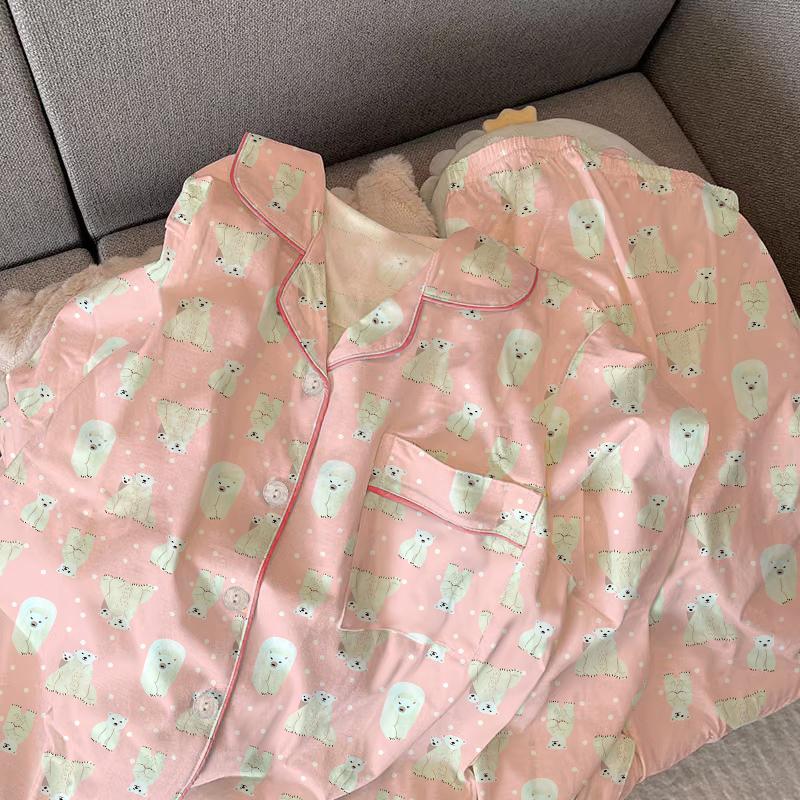 Ensemble de Pyjama Mignon à Carreaux pour Filles Printemps Automne Manches Longues Vêtements de Nuit Décontractés pour Femmes Ample Vêtements d'Intérieur