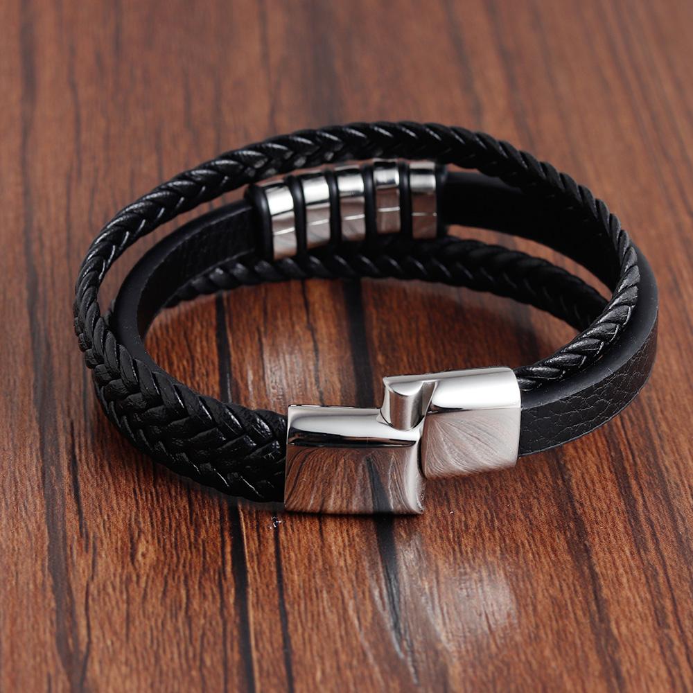 Fashion Male Jewelry Bracelet Multilayer Braid Leather Rope Chain Stainless Steel Magnetic Clasp WristBand Male Jewelry
