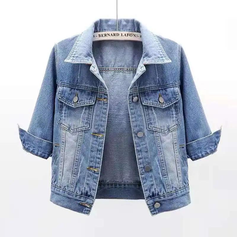 Dame Vår Høst Denimjakke Topper Rosa Farge Ensfarget Kort Flerfarget Trekvart Erme Jeansjakke