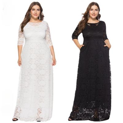 Fashionable Plus Size Lace Pocketed Evening Gown with Hollow Out Short Sleeves