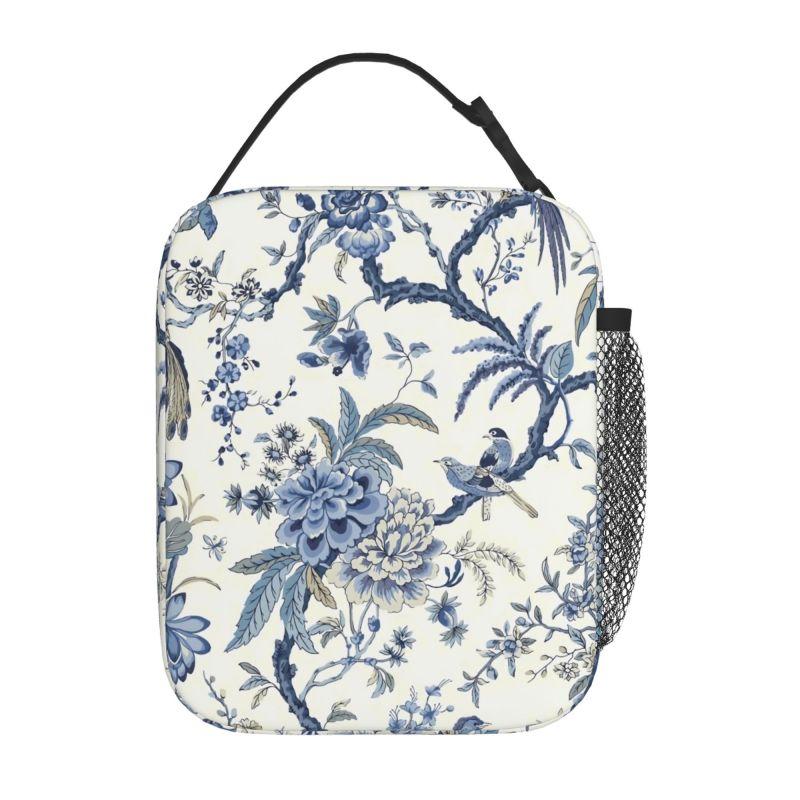 Chinoiserie Insulated Lunch Bag Blue and White Outdoor Bule Birds Flowers Portable Thermal Cooler Oxford Food Bento Tote Bag