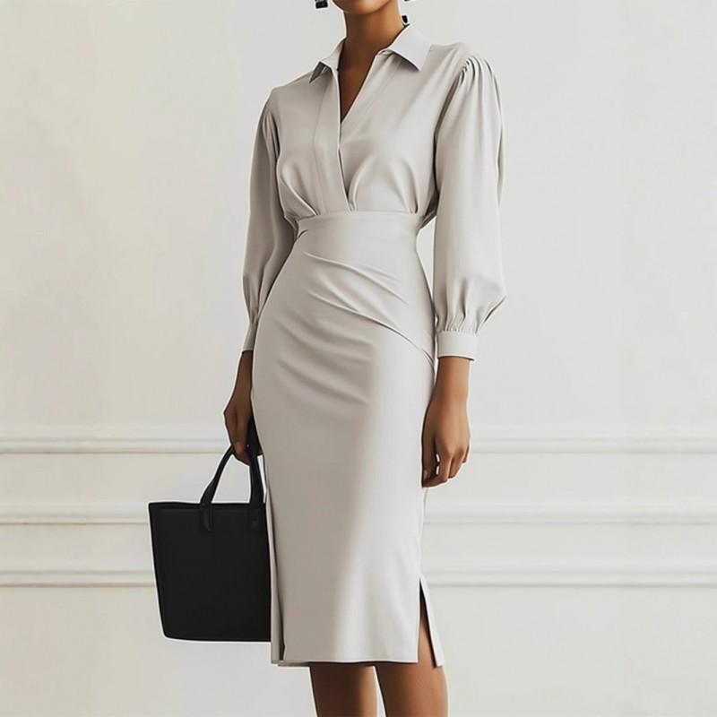 Elegant V-Neck Solid Color Wrap Waist Pleated Knit Midi Dress Women 2025