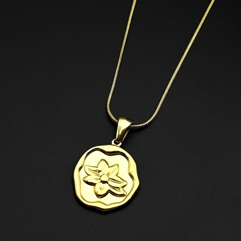 Irregular Wax Seal Flower Pendant Necklace For Women Girls Embossed Floral Stainless Steel Snake Chain Jewelry Minimalist Gift