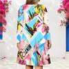 Women Plus Size V Neck Long Sleeve Blue Green Printed A Line Dress