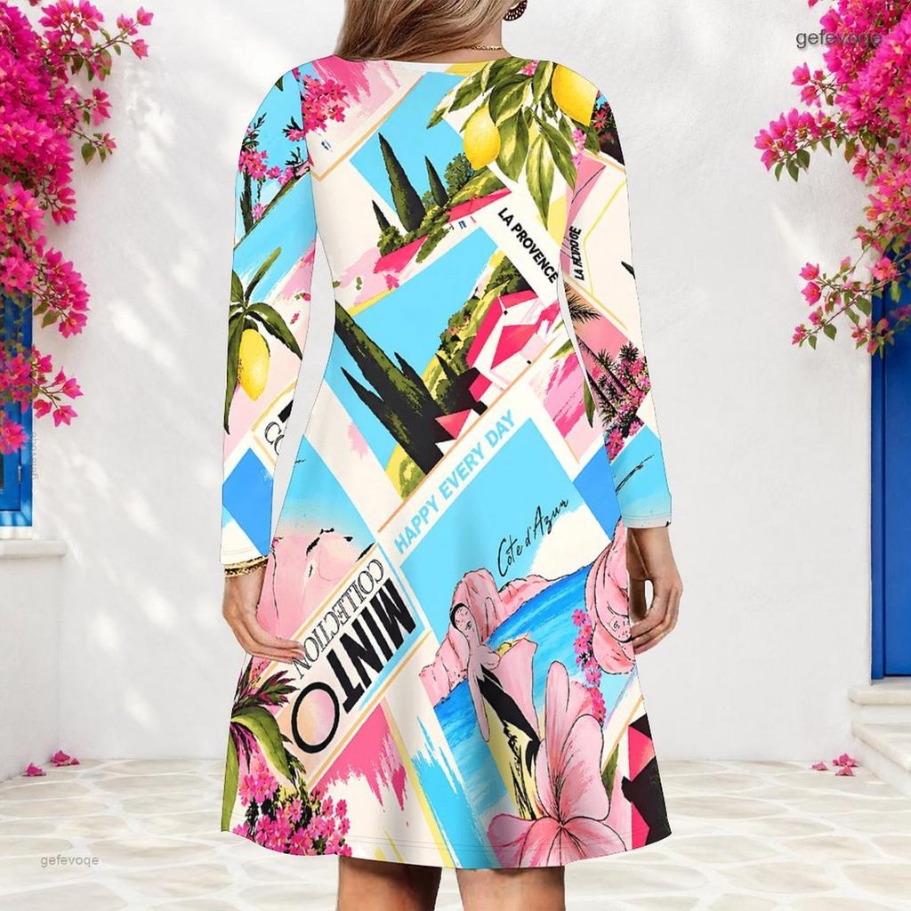 Women Plus Size V Neck Long Sleeve Blue Green Printed A Line Dress