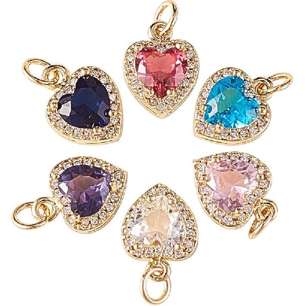 LiQunSweet 12 Pcs 6 Colors Golden Crystal Heart Charms Brass Micro Pave Cubic Zirconia CZ Stone Mini Charm Bulk for Necklace Earrings Jewelry Making