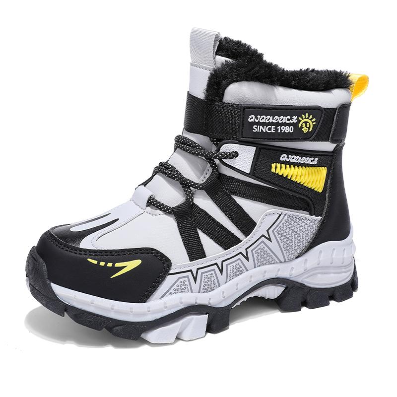 

Зимняя детская модная флисовая теплая обувь с высоким верхом, хлопковые ботинки для улицы, сноубутсы, повседневная хлопковая обувь 39 серый/чёрный