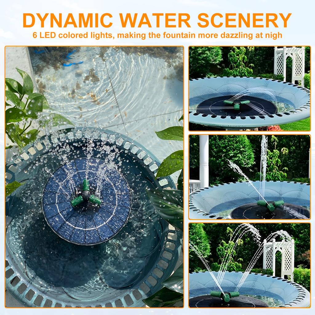 4W Solar Bird Bath Fountain Pump Outdoor Solar Powered Fountain with Color LED Lights & 6 Nozzle for Garden Pond Pool Decoration