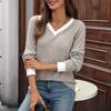 Women's Casual And Fashionable V-neck Contrast Color Long-sleeved Top