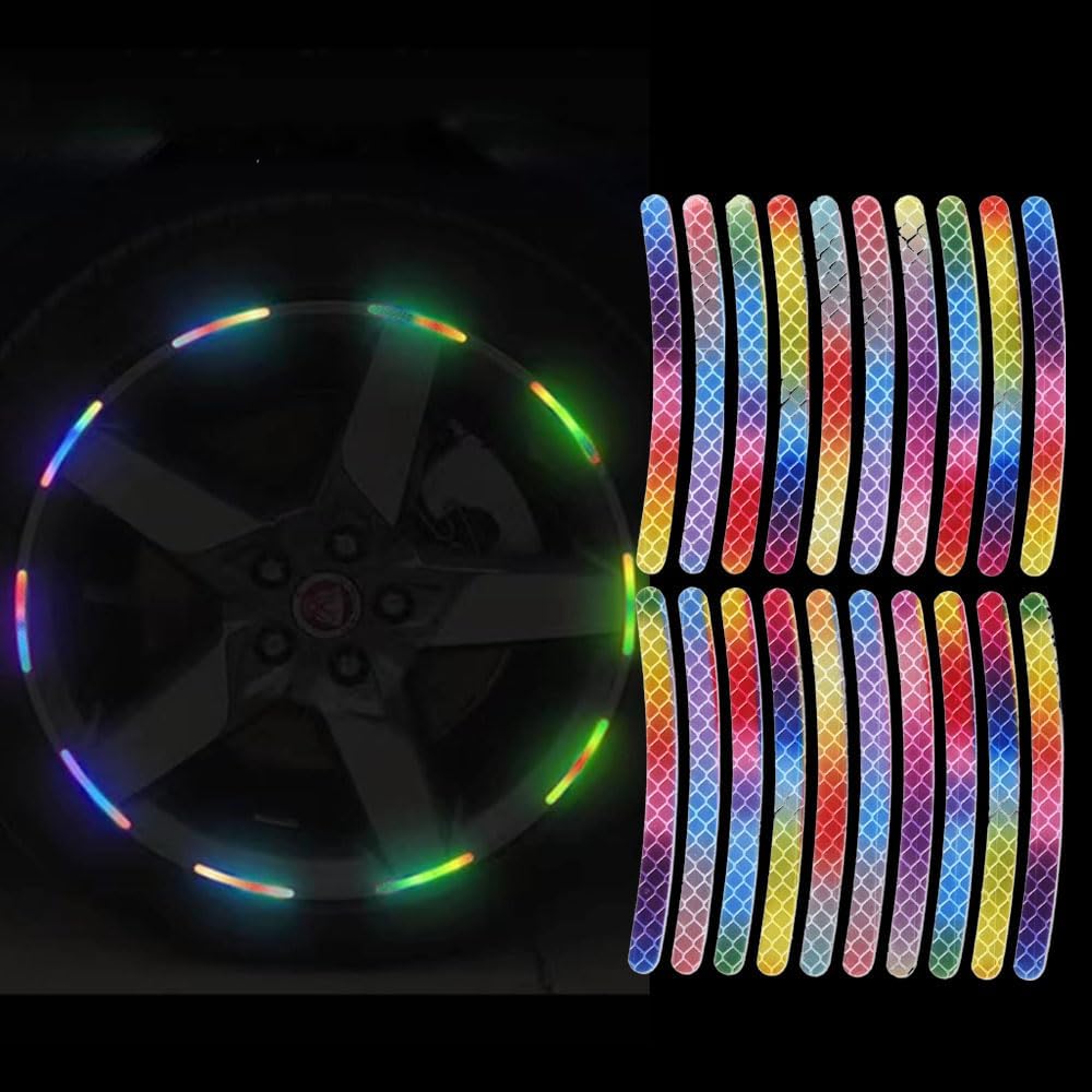 

20 Pieces Reflective Wheel Rim Decorative Stripe Stickers Night Safety Warning Wheel Decoration Stickers Automotive Exterior Accessories Universal Colorful