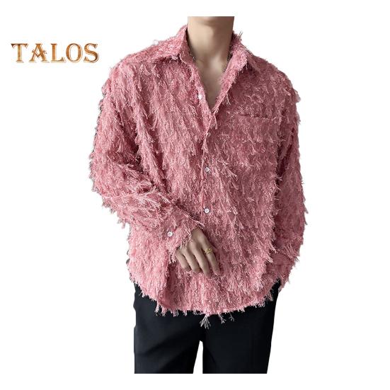 

Мужская рубашка с нагрудным карманом и кисточками, отложным воротником, однобортная, с длинными рукавами, однотонная, для праздничной рождественской вечеринки, клубный топ XL арбуз красный