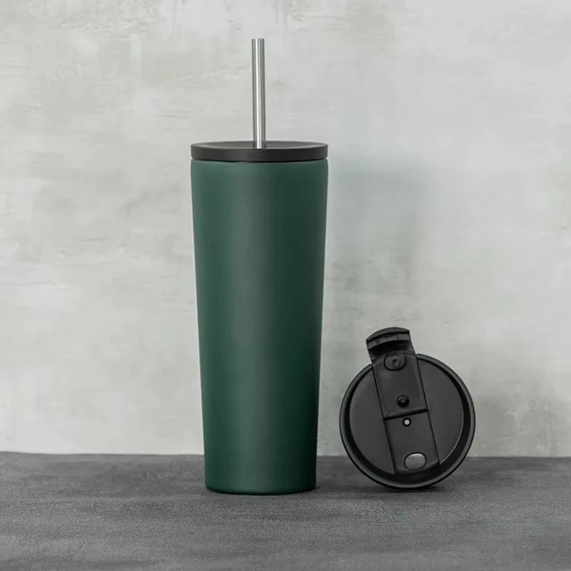 

Двухслойная термокружка из нержавеющей стали большой емкости для домашнего офиса, кофейные чашки с трубочкой и крышкой, герметичные переносные бутылки для воды 16oz