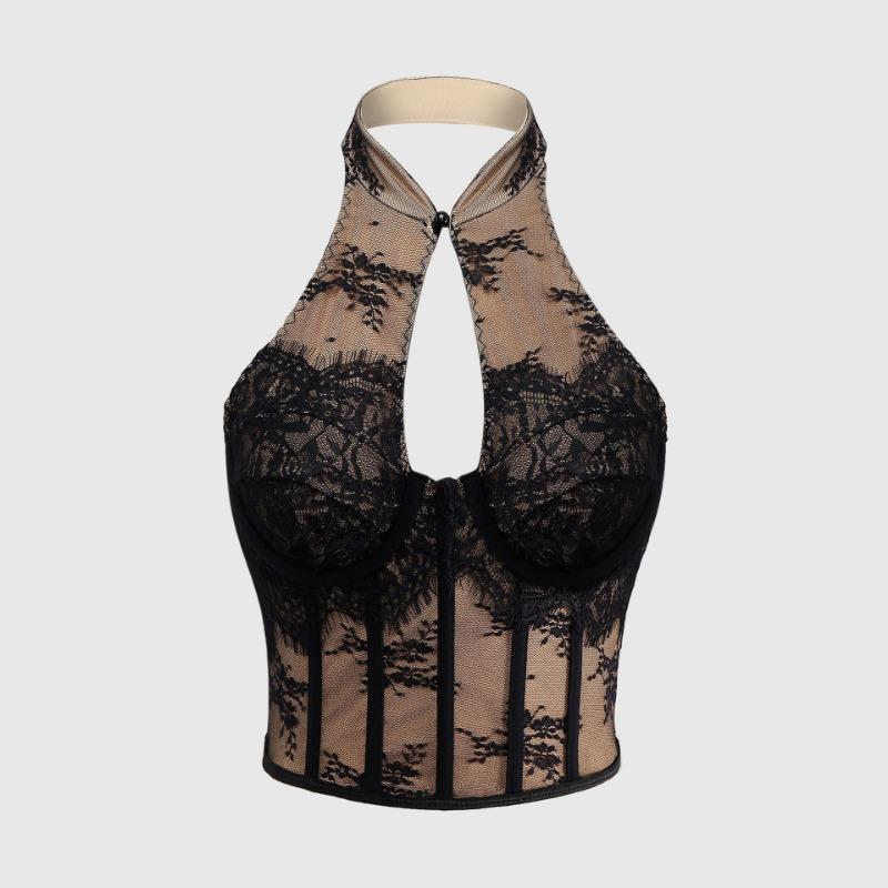 Black Lace Halter Corset Top With Cutout Detail S чёрный