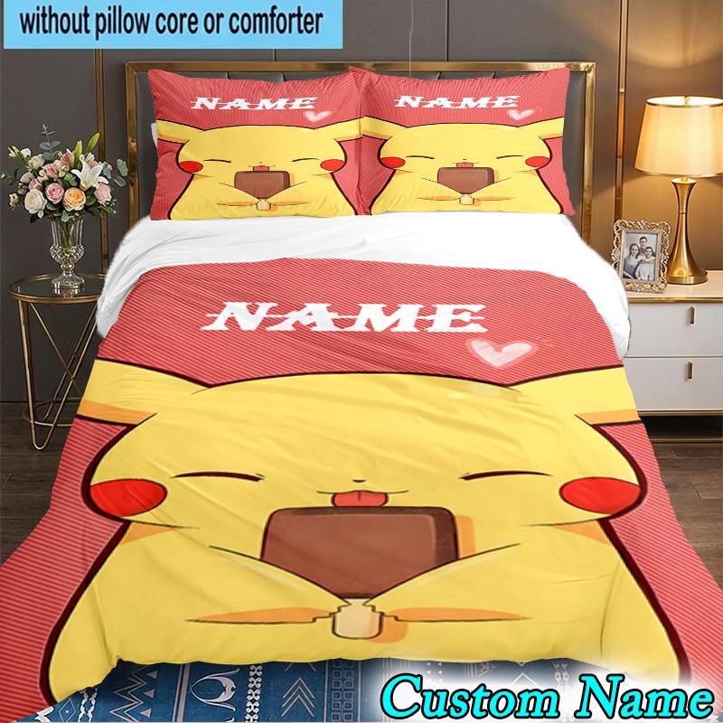 3PCS Custom Name Pika Bedding Set Printed Duvet Cover Closure Includes 1 Duvet Cover & 2 Pillowcases for All Seasons Bedroom Decor