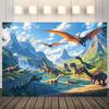 Realistische Dinosaurier-Fluss-Wandteppich, Prähistorischer Jura-Wasserfall & Bergwand-Dekor für Jungenzimmer