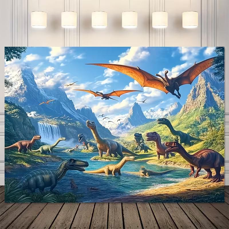 Realistische Dinosaurier-Fluss-Wandteppich, Prähistorischer Jura-Wasserfall & Bergwand-Dekor für Jungenzimmer