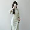 Grünes Elegantes Jacquard Cheongsam Kleid Chinesischer Stil Mädchen Jung Täglich Umgeschlagene Ärmel Modernes Vintage Kleid