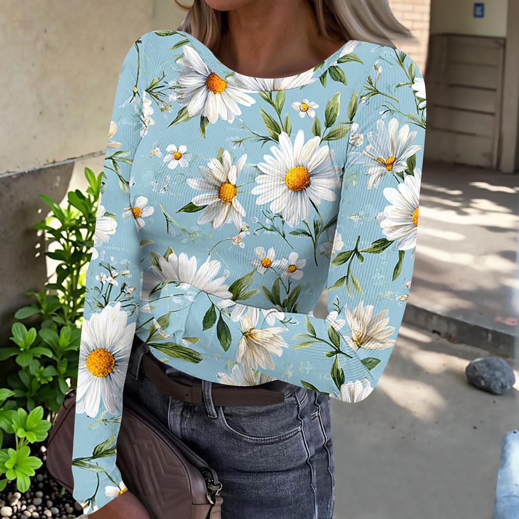 Women’s Casual Long Sleeve Crew Neck Top with Floral Print Ribbed Texture Lightweight Pullover Blouse for Everyday Wear