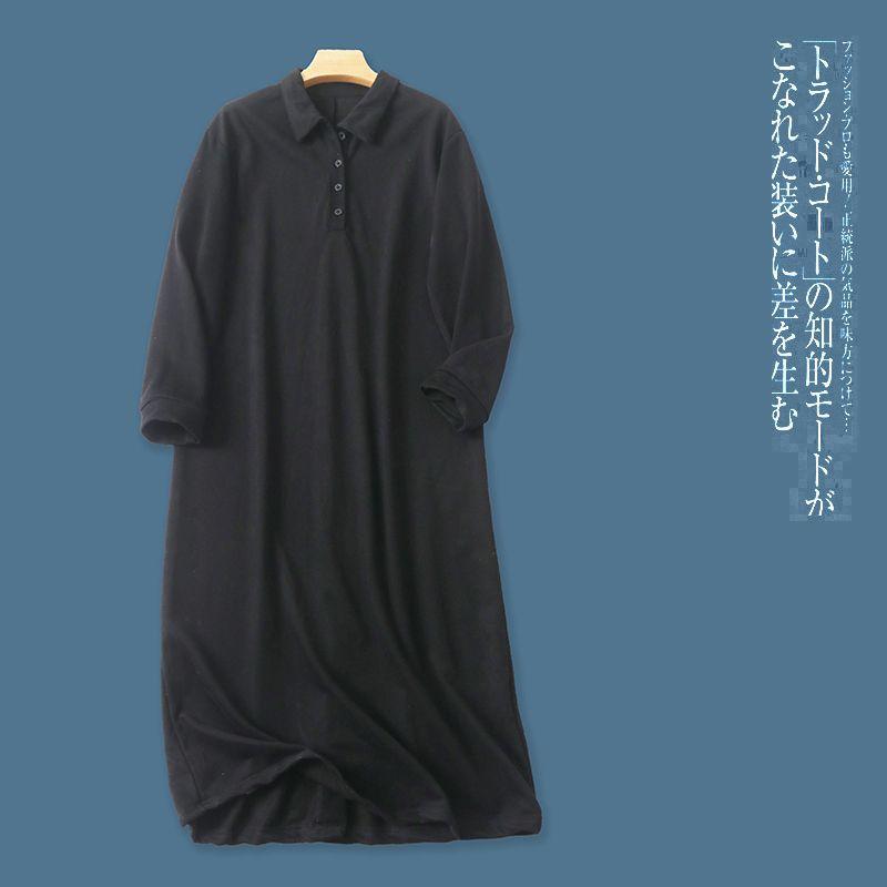 

Terry Sweater Dress Spring and Autumn New Foreign Trade Women clothes Lapel Button Pullover Long sleeve Straight Split Long dress 28690 Black B- 3-7-1 One size