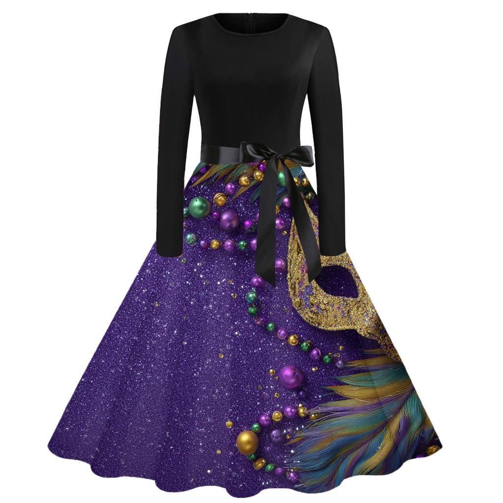 Damen Casual Mode Rundhals Karneval Bedrucktes Vintage Kleid