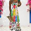 Women Plus Size Scoop Neck Strappy Sleeveless A Line Long Dress Cartoon Printed White