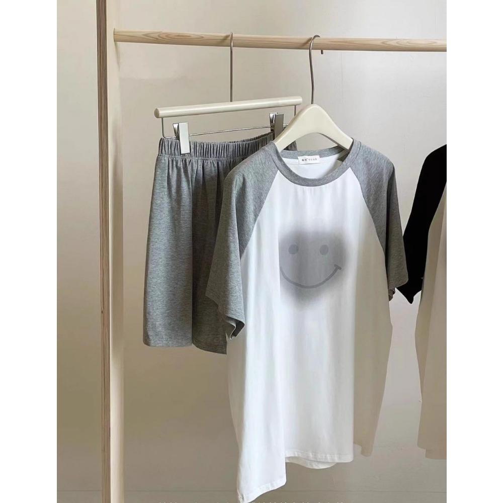 New Summer Color-blocking Short-sleeved Pajamas Set for Women's Gradient Smiley Face Sweet and Cute Cartoon Thin Style