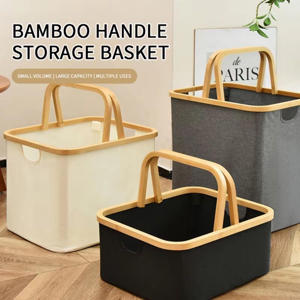 Large Capacity Laundry Storage Basket Bamboo Handle Closet Organizer  Household Use