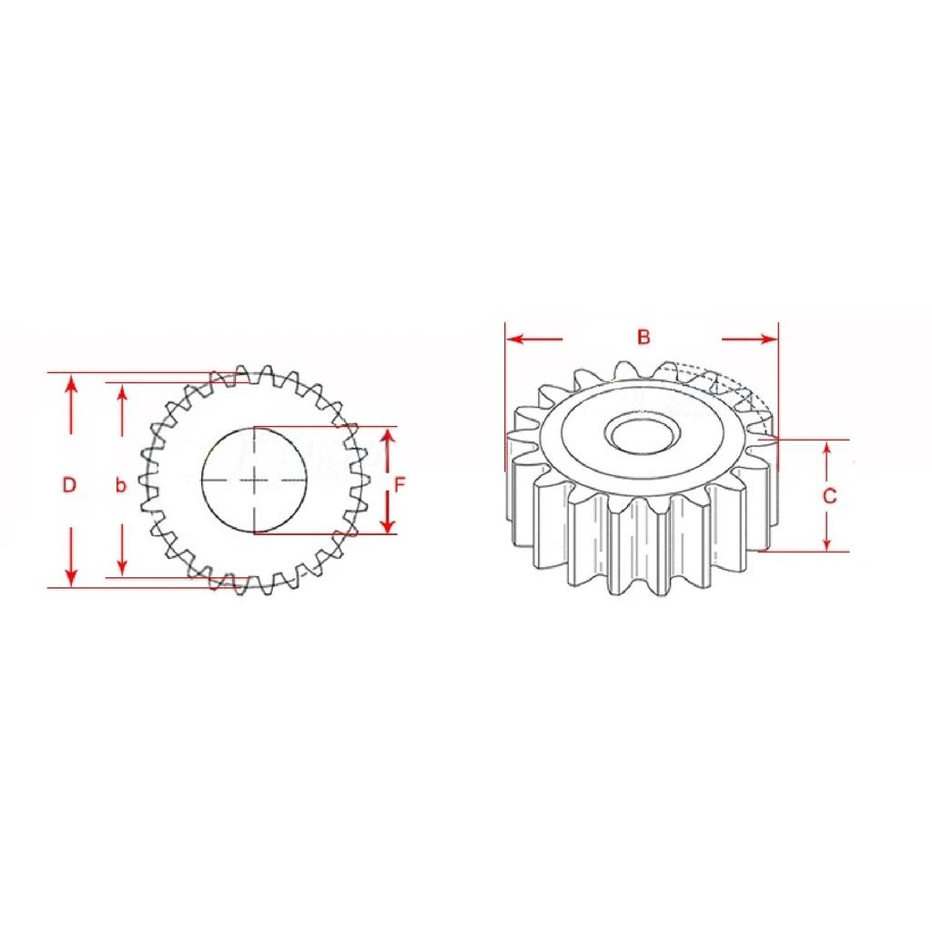 10 11 12 13 14 15 16 17 18 19 20 21 22 Zubů 2 Modul 2M Vrtání pro klíč 6,28 mm Rozteč 45# Ocel Rovné Čelní Ozubené Kolečko
