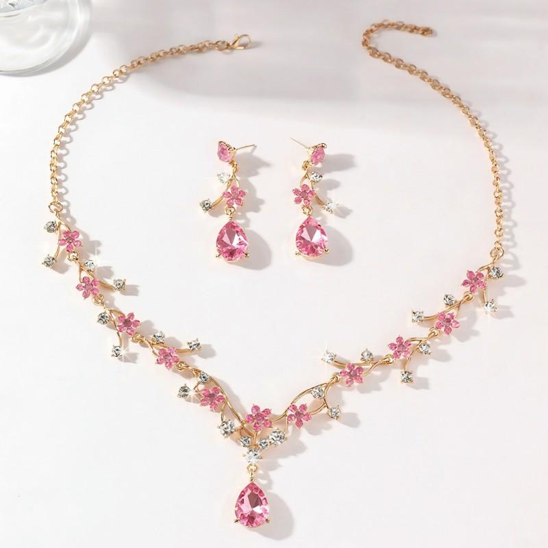 Elegantes Florales Kristall Halskette Ohrring Set Damen Vergoldete Legierung Schmuck Hochzeitsparty Abendkleid