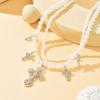 Double Stacked Imitation Pearl Necklace Light Luxury High Sense Diamond Set Cross Pendant Collarbone Chain