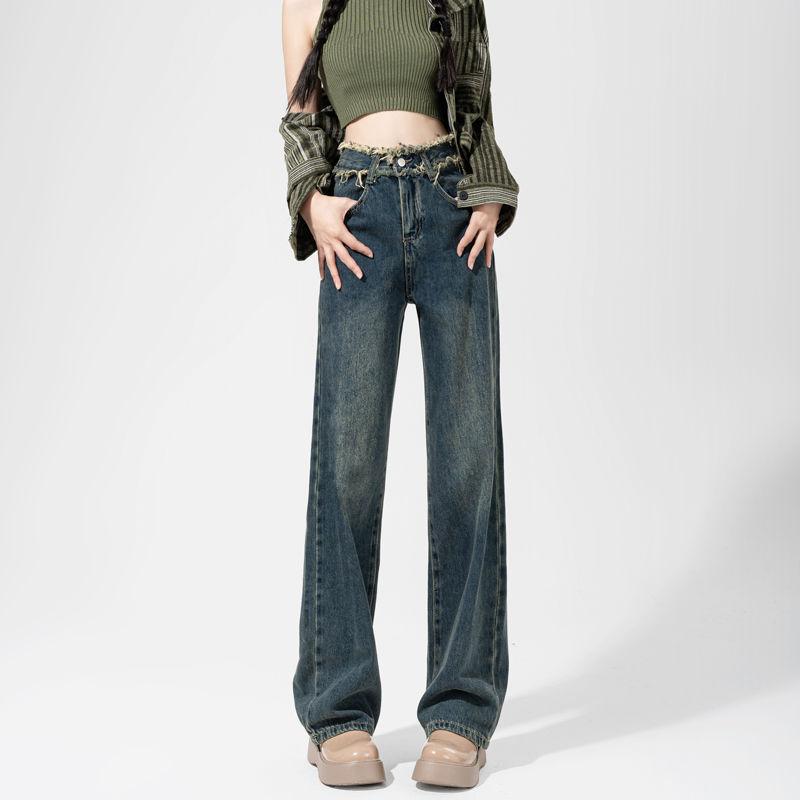 

Женские джинсы с высокой посадкой и широкими штанинами, осенние, в стиле ретро, с необработанным краем, прямые, свободные и тонкие, драпирующиеся брюки, тренд XS