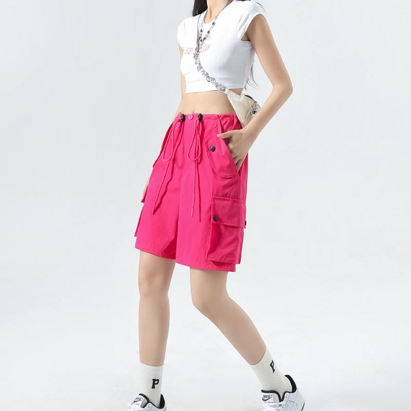 Damen Rosa Latzhosen Shorts 2023 Sommer Dünn Hohe Taille Lässig Locker Weitbein Amerikanische Sport Radshorts Bequem Y2k