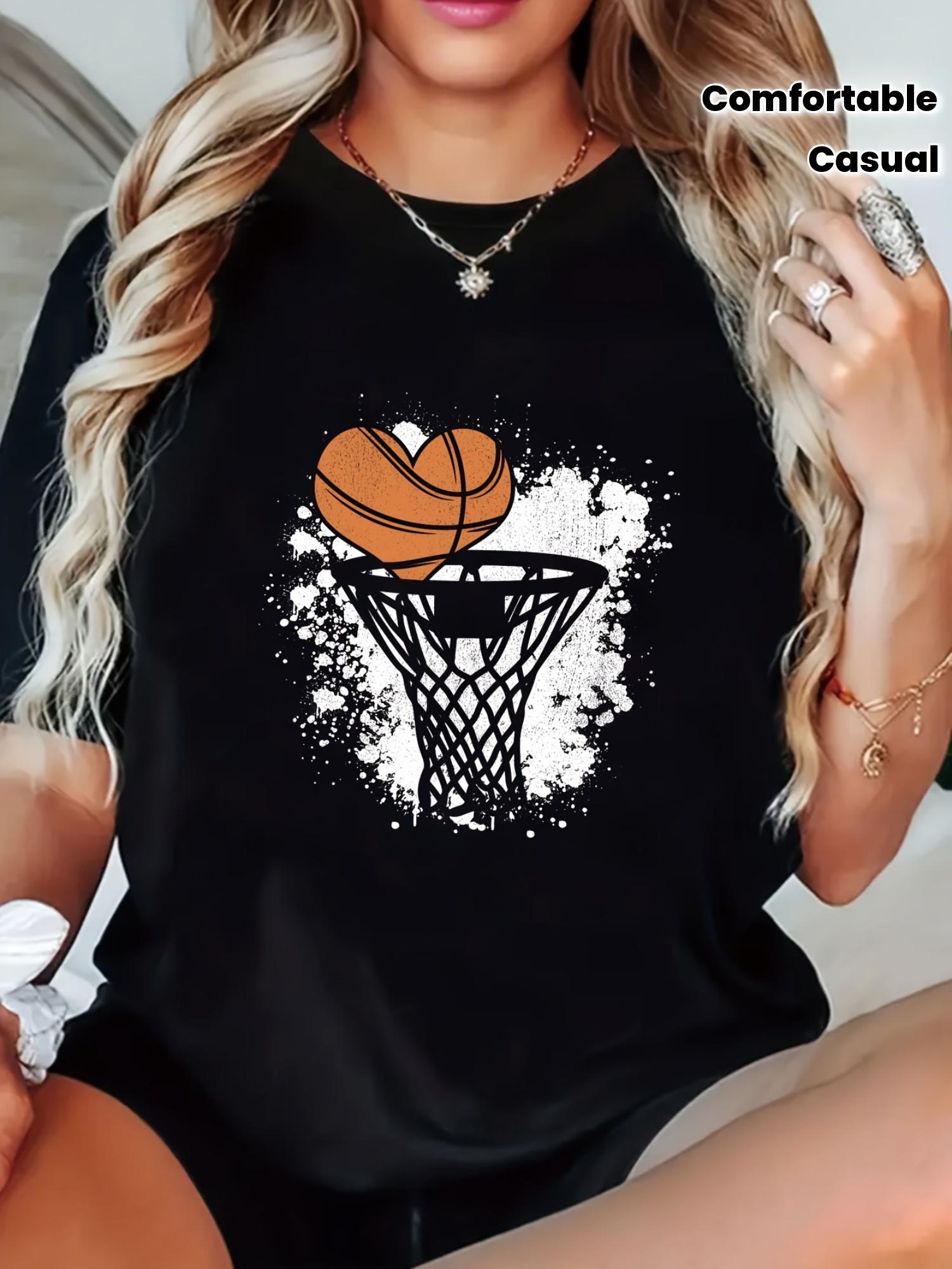 WomenS Basketball Graphic Sleeve Crew Neck Comfortable Top with Heart Hoop Design White Sporty Tee Attire Basketball Apparel S