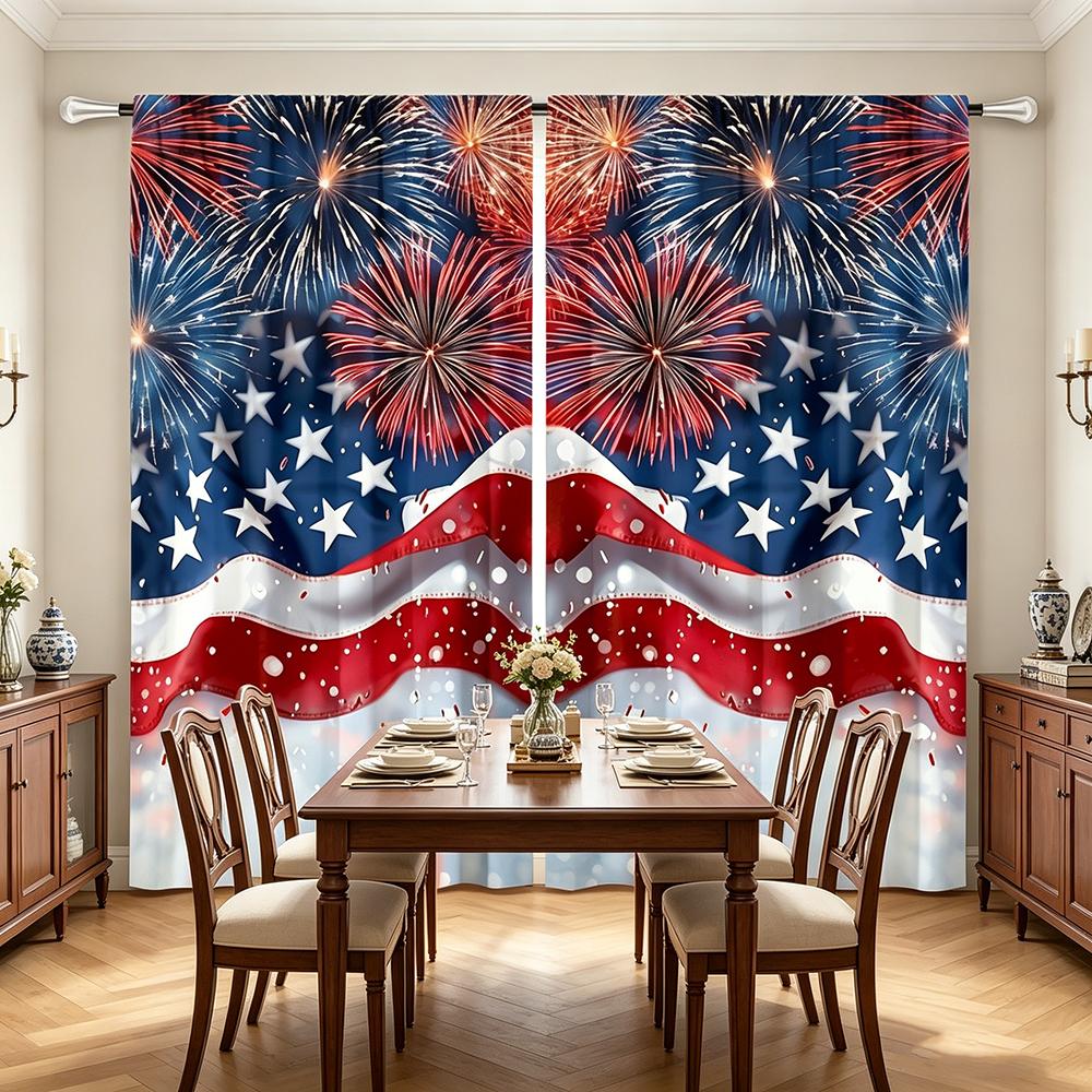 Digital Printed Curtains, Independence Day Fireworks Celebration, Rod Pocket Window Drapes for Living Room Bedroom Decor