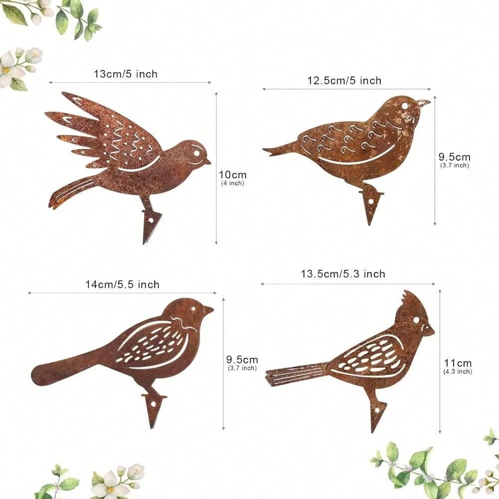 Set of 4 Rustic Metal Garden Ornaments Bird Shape for Outdoor Patio Decor