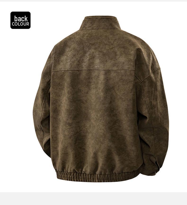 Men's Gray PU Leather Stand Collar Retro Workwear Jacket for Spring/Autumn