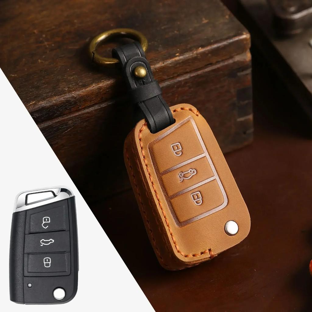 Leather Car Key Case Cover for Volkswagen VW Polo Golf 7 Sagitar Passat for Skoda Octavia Keyring Shell Bag Fob Auto Accessories