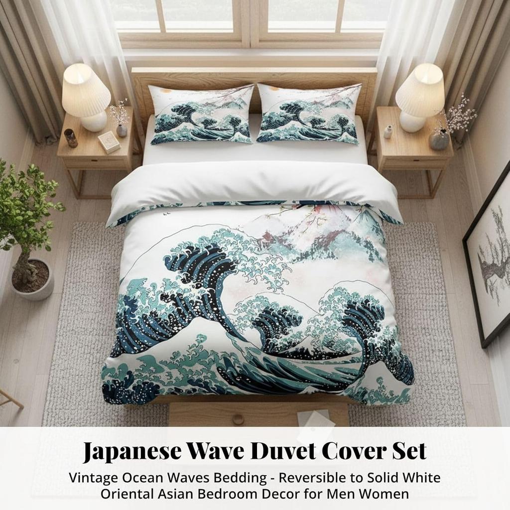 Japan Mount Fuji Duvet Cover Set Double Size Cherry Blossom Bedding Set With 2 Pillowcases Japanese Sea Waves