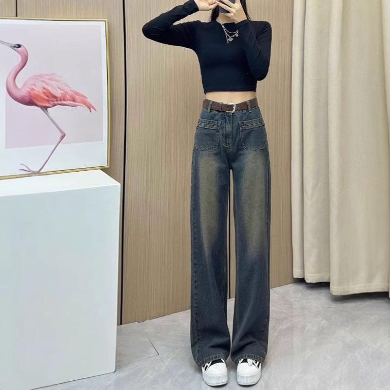 

Women s High Waist Wide Leg Straight Jeans with Pockets - 2025 Slimming Design for Spring & Autumn. S