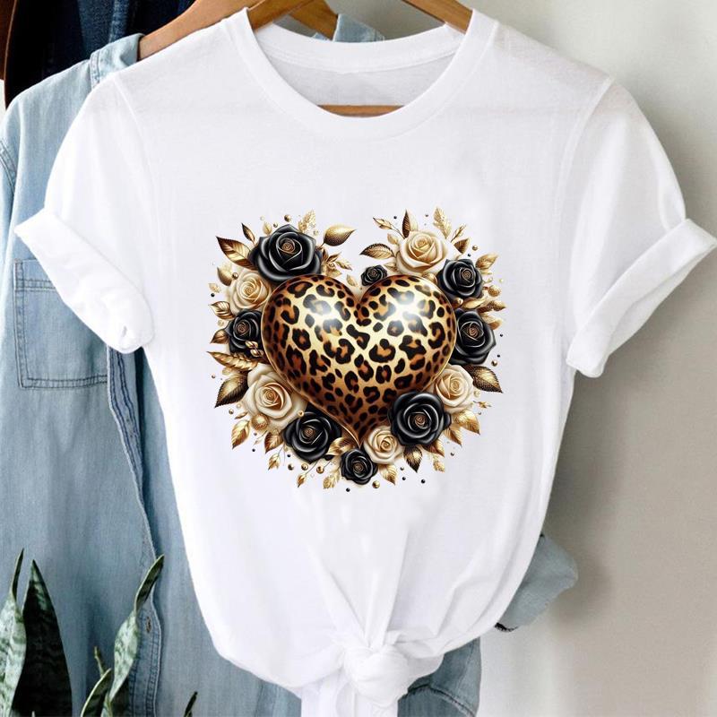 (Asian Size)  flower love heart Short Sleeve T Shirt Women Tee Top Clothing Casual Fashion Print Lady Female Graphic T-shirts